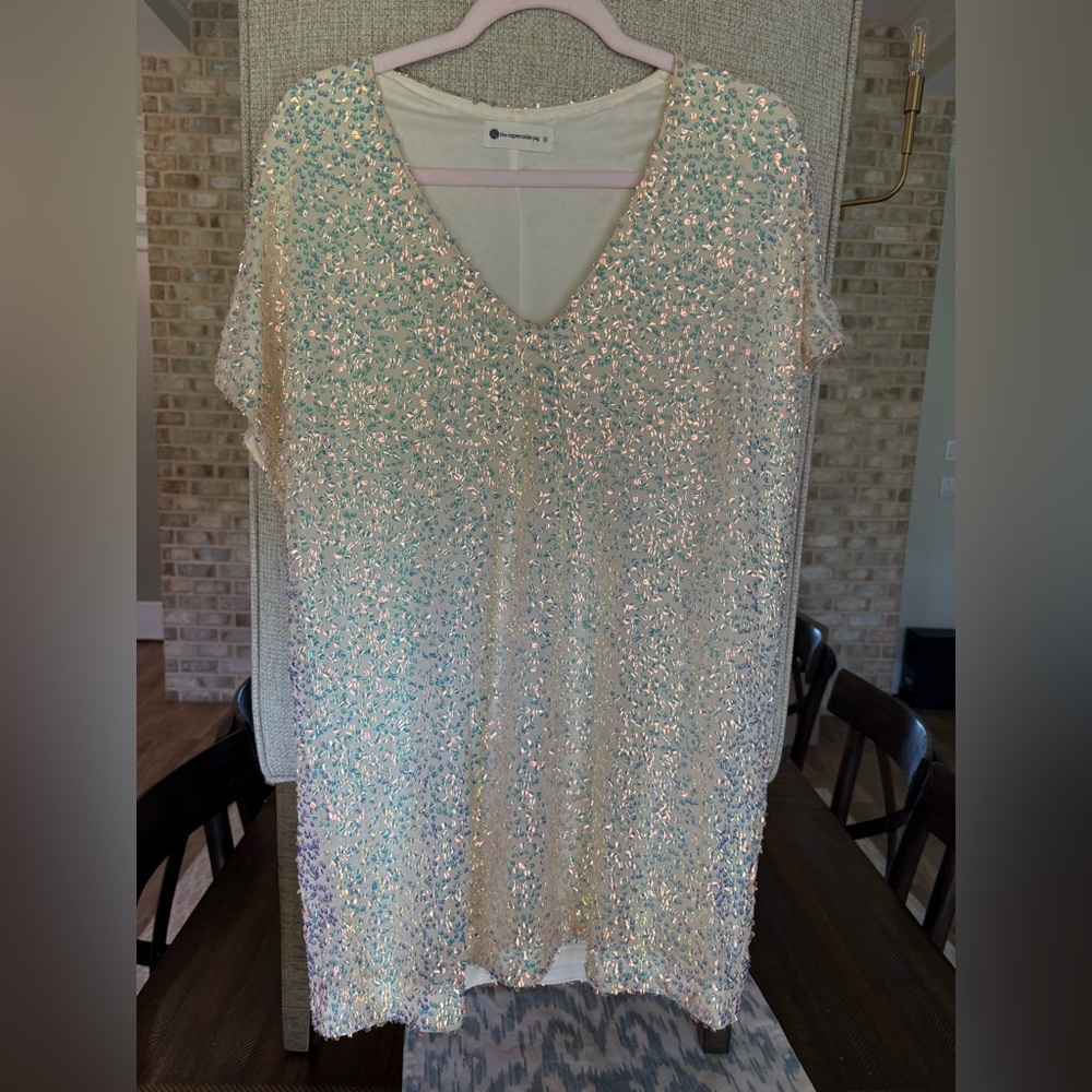 Impeccable Pig Sequin Dress white  Iridescent V-Neck Party Bachelorette Sparkle